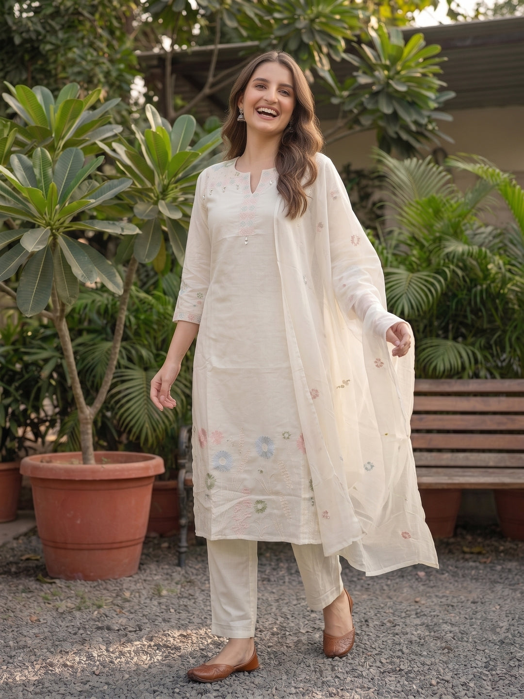 Off White Cotton Voile Embroidered Kurta Set with Pyjamas & Dupatta