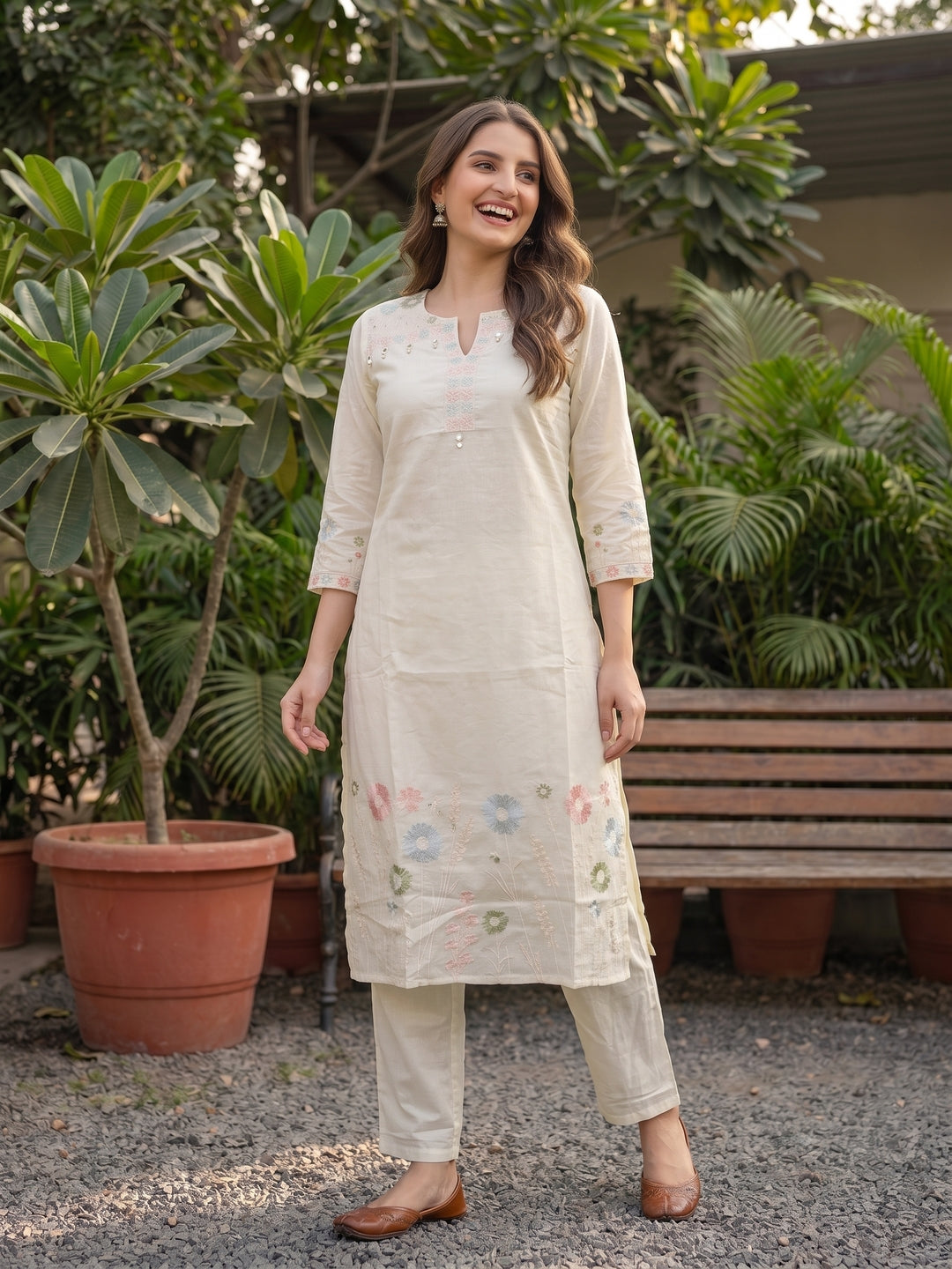 Off White Cotton Voile Embroidered Kurta Set with Pyjamas & Dupatta