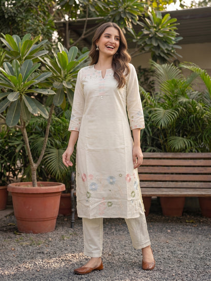 Off White Cotton Voile Embroidered Kurta Set with Pyjamas & Dupatta