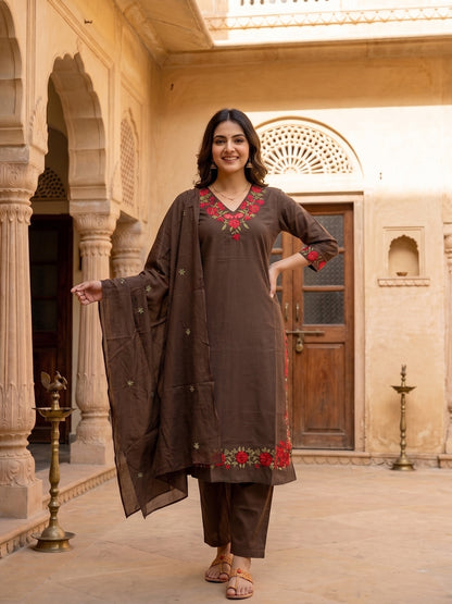 Brown Cotton Embroidered Straight Kurta Set with Pant & Dupatta