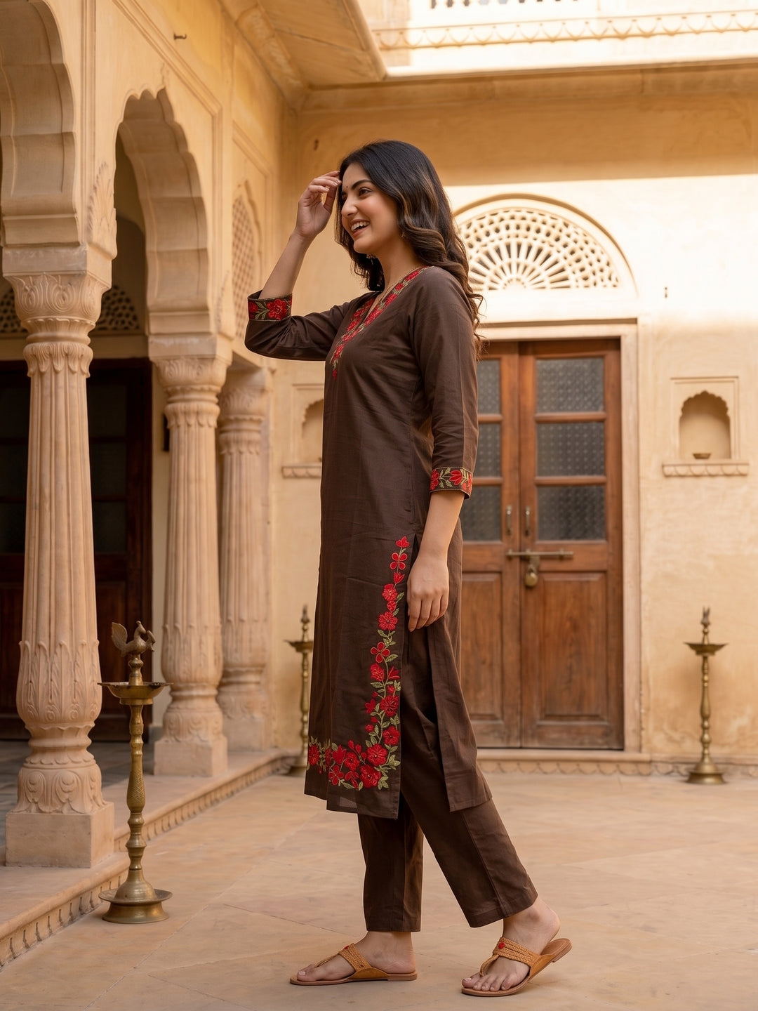 Brown Cotton Embroidered Straight Kurta Set with Pant & Dupatta