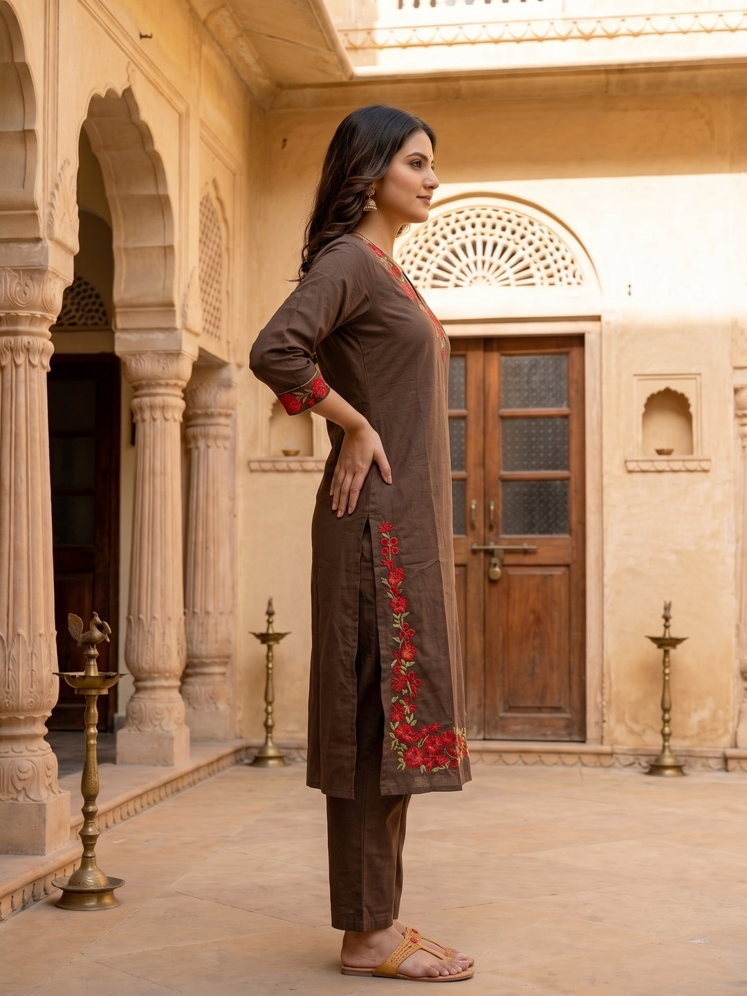 Brown Cotton Embroidered Straight Kurta Set with Pant & Dupatta