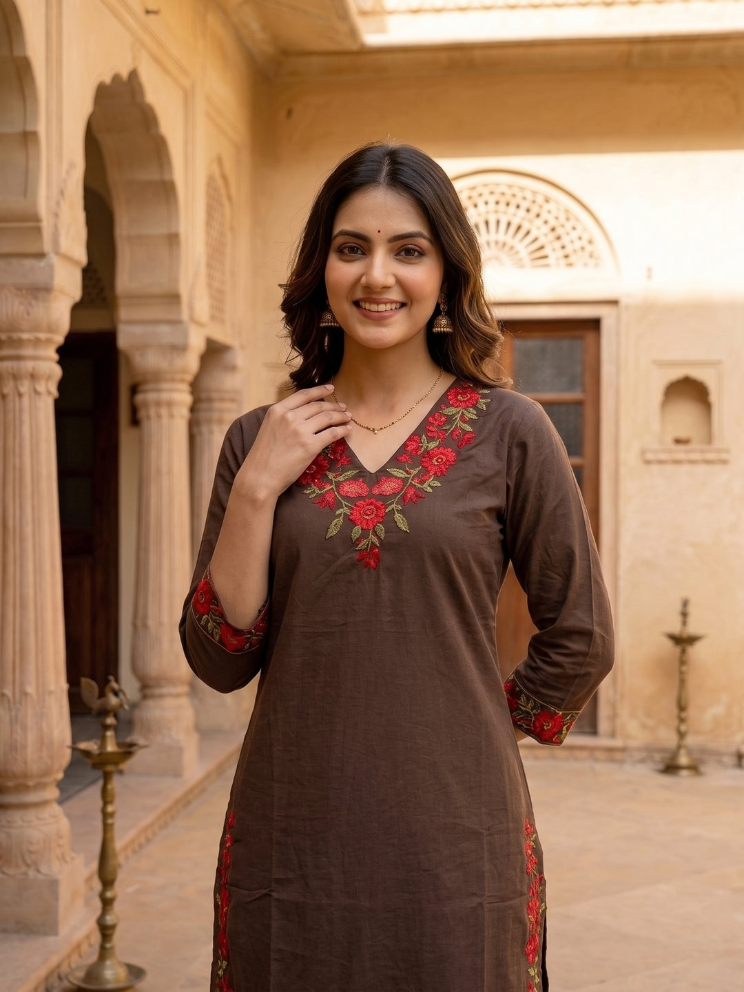 Brown Cotton Embroidered Straight Kurta Set with Pant & Dupatta