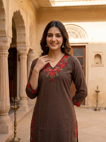 Brown Cotton Embroidered Straight Kurta Set with Pant & Dupatta