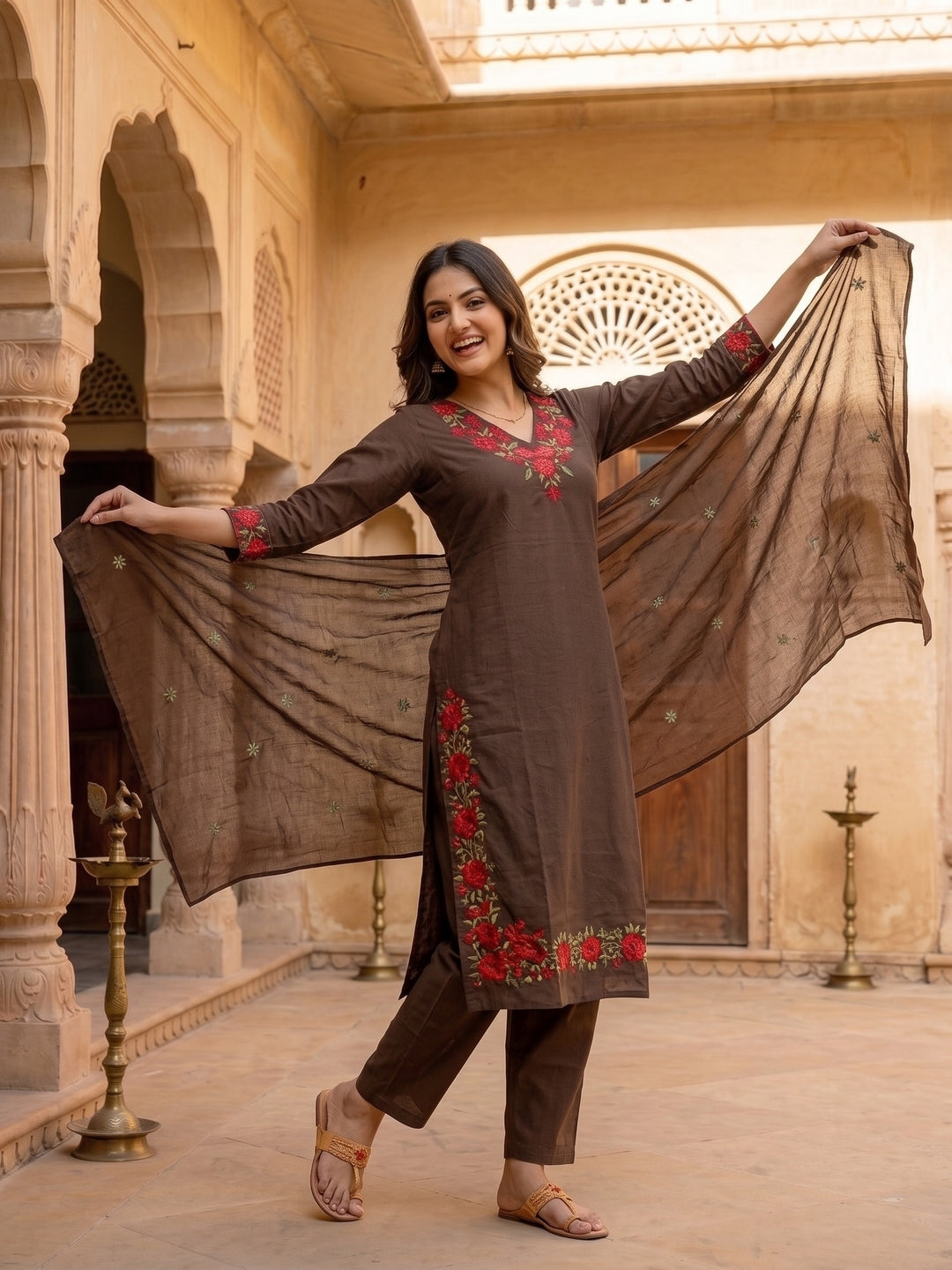 Brown Cotton Embroidered Straight Kurta Set with Pant & Dupatta