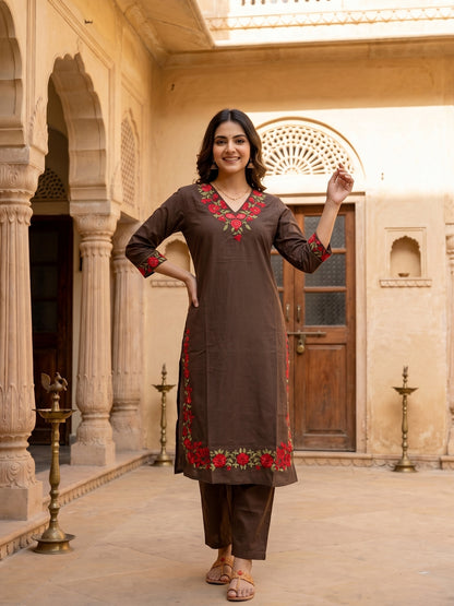 Brown Cotton Embroidered Straight Kurta Set with Pant & Dupatta