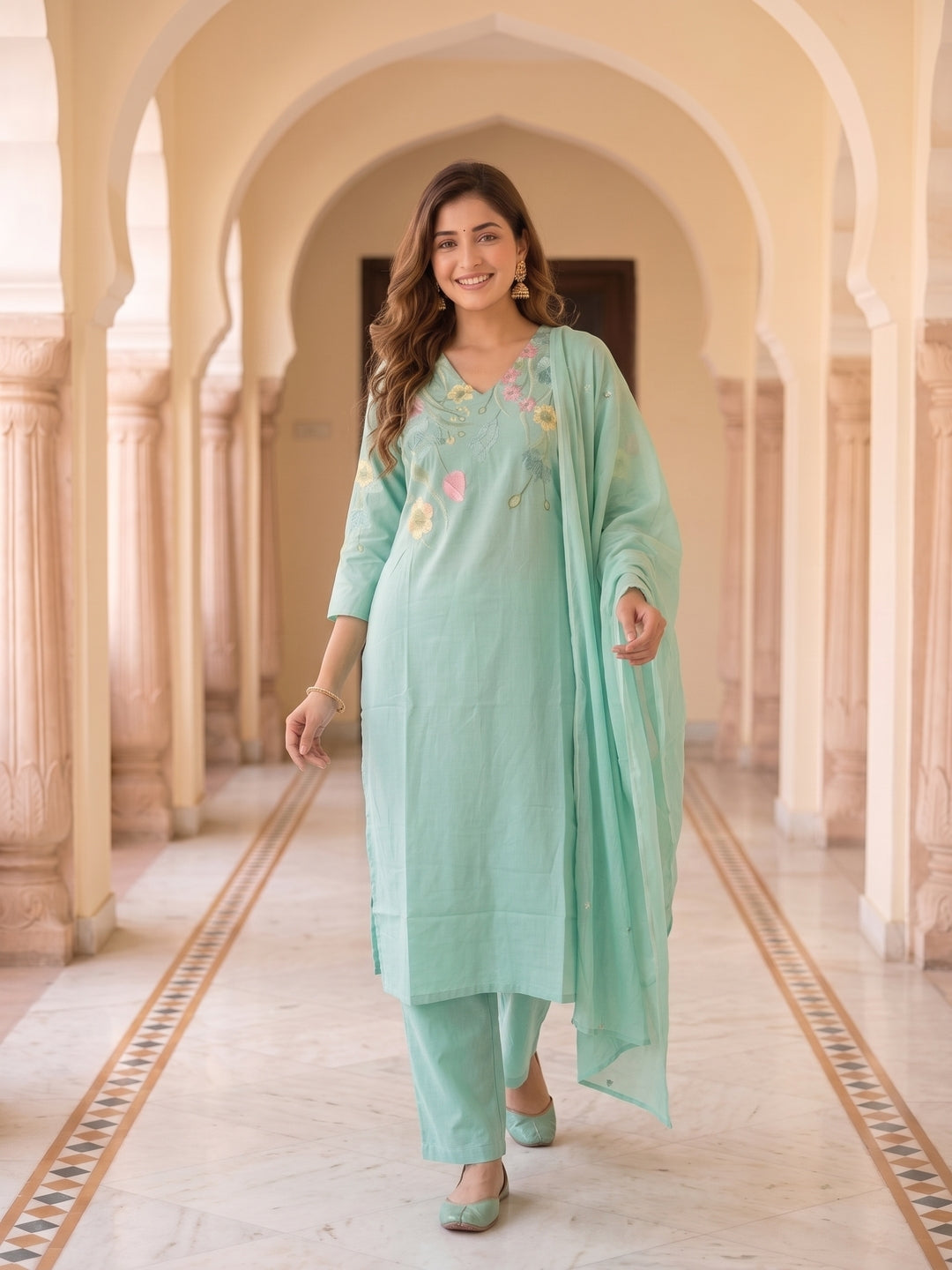Solid Embroidered Straight Kurta with Pyjama & Dupatta - Sea Green