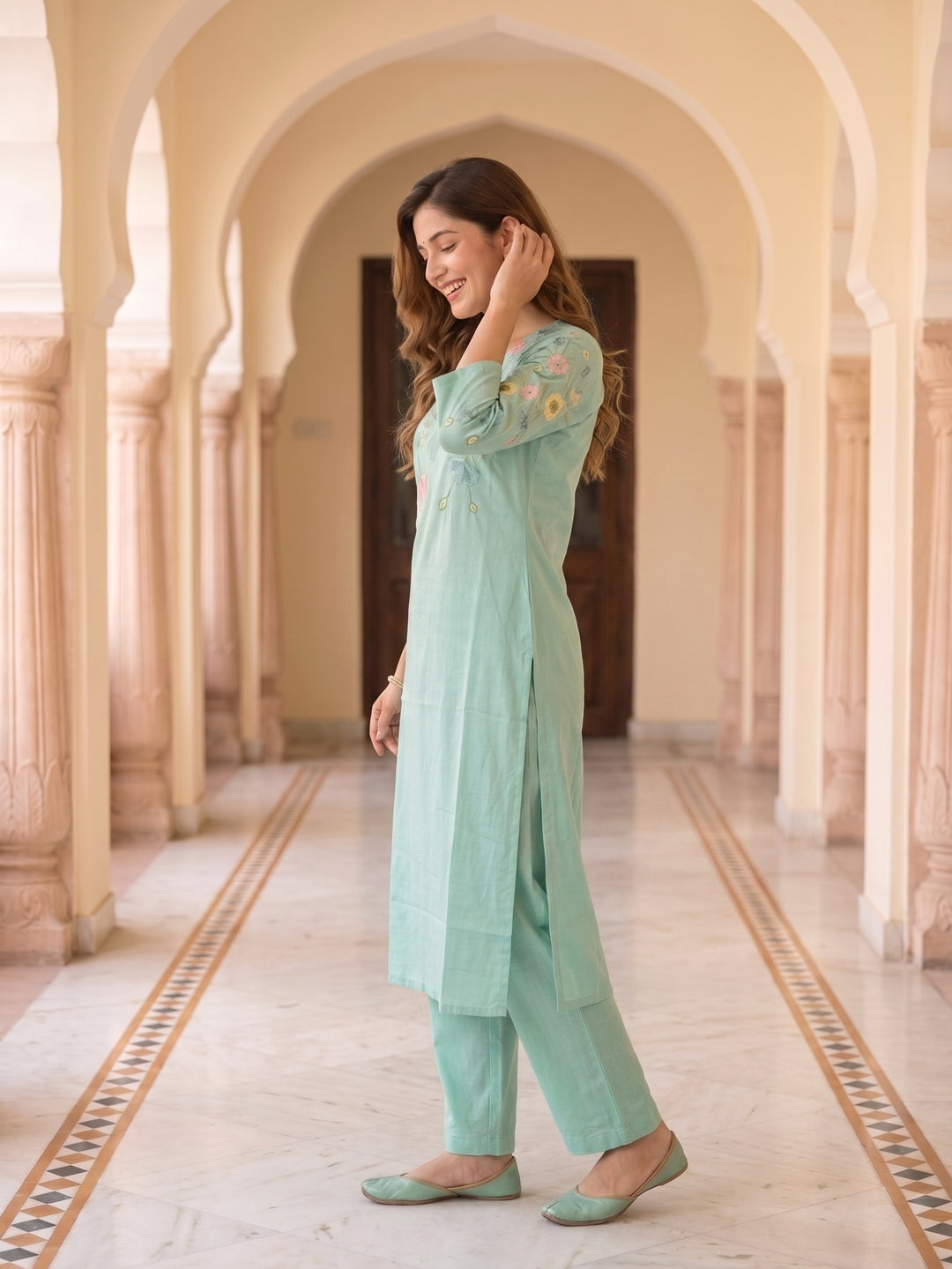 Solid Embroidered Straight Kurta with Pyjama & Dupatta - Sea Green