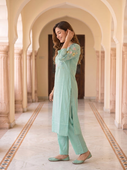 Solid Embroidered Straight Kurta with Pyjama & Dupatta - Sea Green