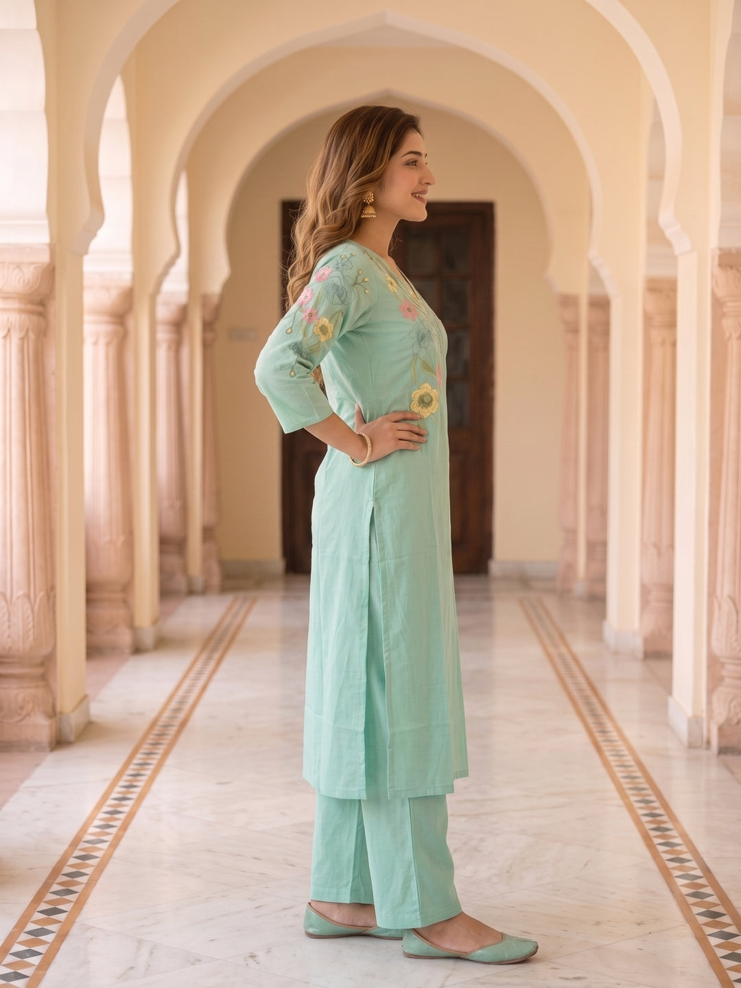 Solid Embroidered Straight Kurta with Pyjama & Dupatta - Sea Green