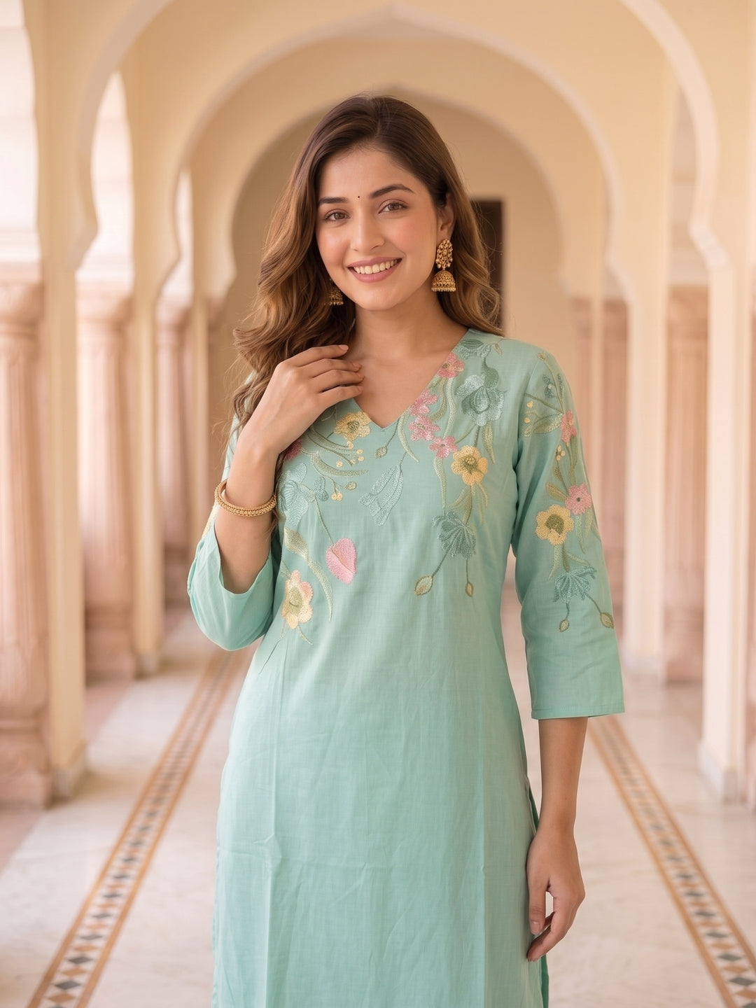 Solid Embroidered Straight Kurta with Pyjama & Dupatta - Sea Green