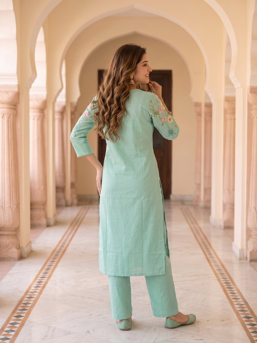 Solid Embroidered Straight Kurta with Pyjama & Dupatta - Sea Green