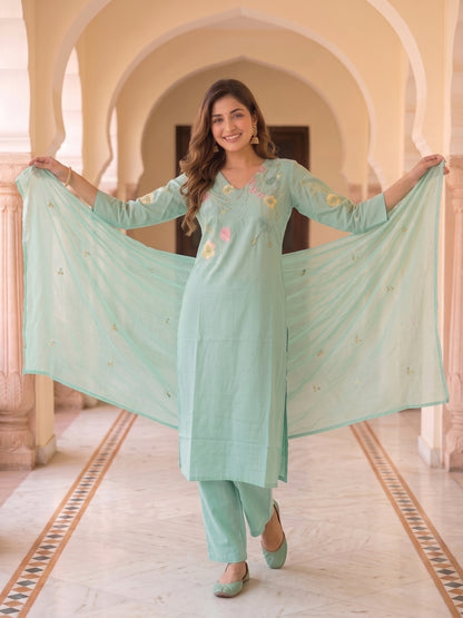 Solid Embroidered Straight Kurta with Pyjama & Dupatta - Sea Green