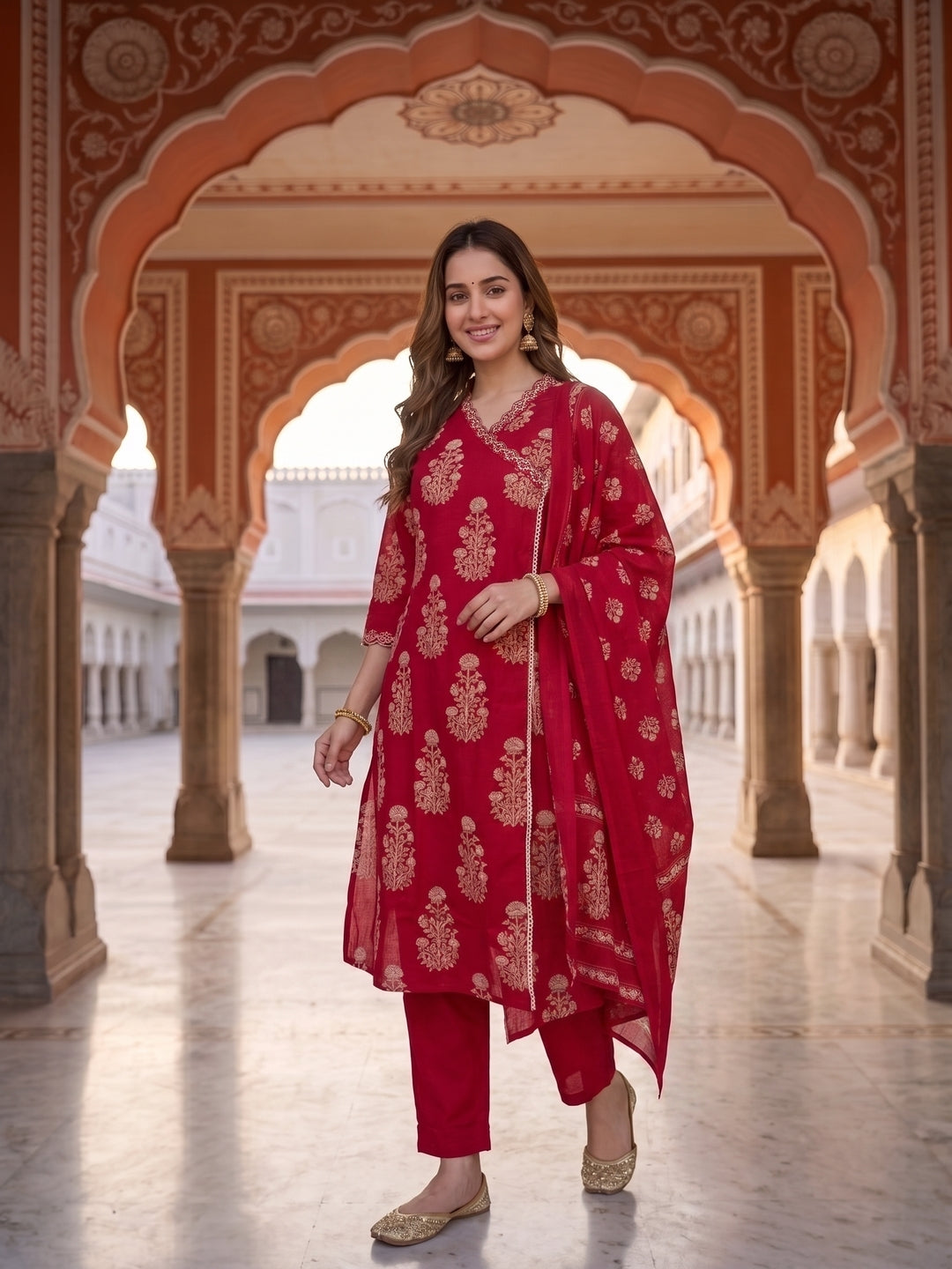 Rani Pink Ethnic Print Cotton Straight Kurta Set with Mirror Work & Embroidery, Pant & Dupatta
