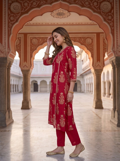 Rani Pink Ethnic Print Cotton Straight Kurta Set with Mirror Work & Embroidery, Pant & Dupatta