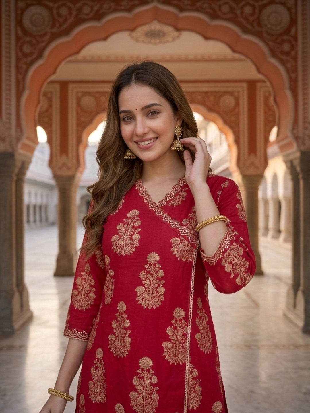 Rani Pink Ethnic Print Cotton Straight Kurta Set with Mirror Work & Embroidery, Pant & Dupatta