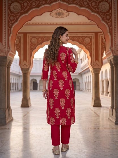 Rani Pink Ethnic Print Cotton Straight Kurta Set with Mirror Work & Embroidery, Pant & Dupatta