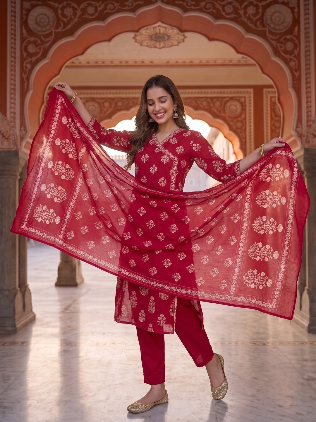 Rani Pink Ethnic Print Cotton Straight Kurta Set with Mirror Work & Embroidery, Pant & Dupatta