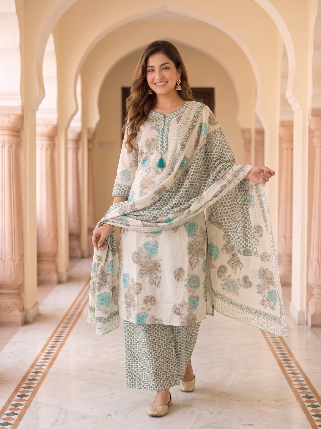 Floral Printed Straight Kurta with Pyjama & Dupatta - Blue and Off-White