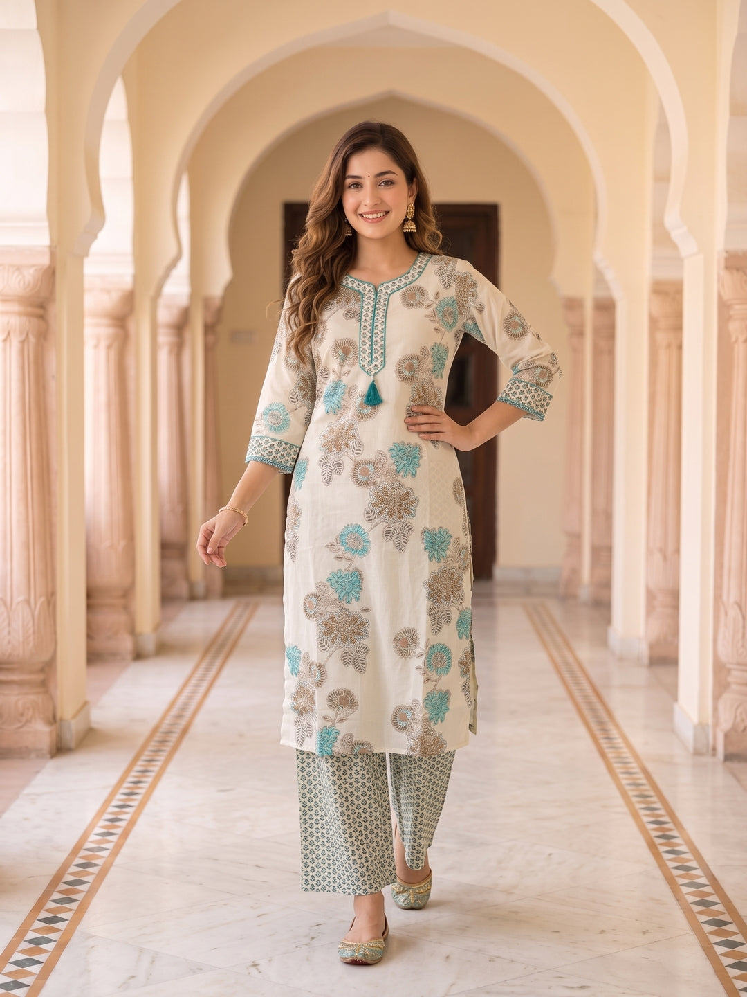 Floral Printed Straight Kurta with Pyjama & Dupatta - Blue and Off-White