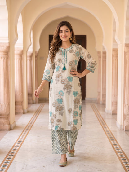 Floral Printed Straight Kurta with Pyjama & Dupatta - Blue and Off-White