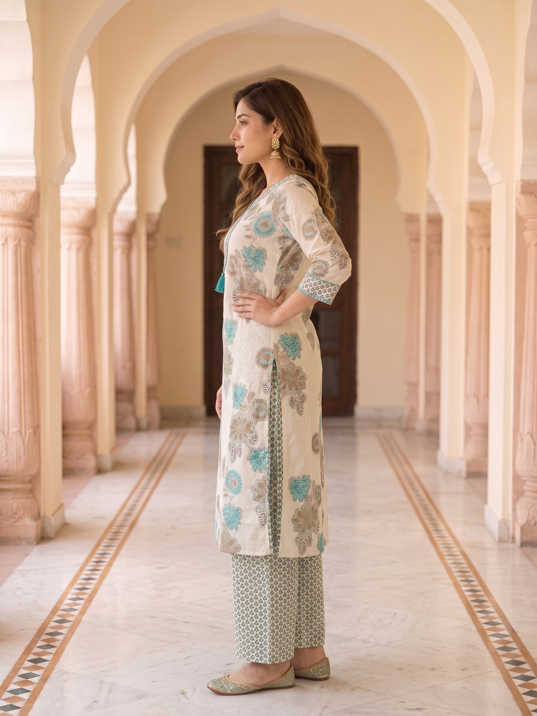 Floral Printed Straight Kurta with Pyjama & Dupatta - Blue and Off-White