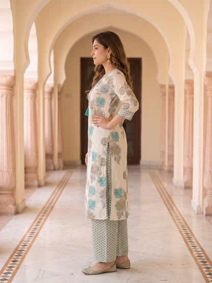 Floral Printed Straight Kurta with Pyjama & Dupatta - Blue and Off-White