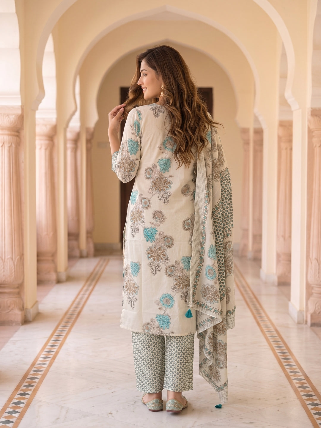Floral Printed Straight Kurta with Pyjama & Dupatta - Blue and Off-White