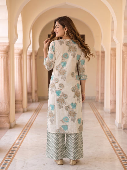 Floral Printed Straight Kurta with Pyjama & Dupatta - Blue and Off-White