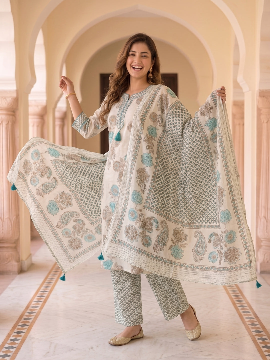 Floral Printed Straight Kurta with Pyjama & Dupatta - Blue and Off-White