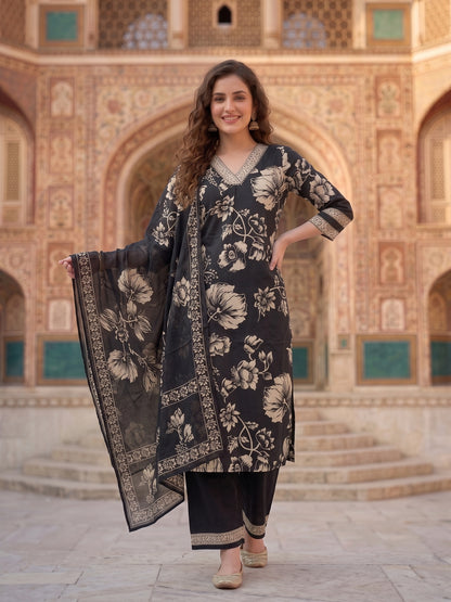 Black & White Floral Print Cotton Kurta Set with Palazzo & Dupatta