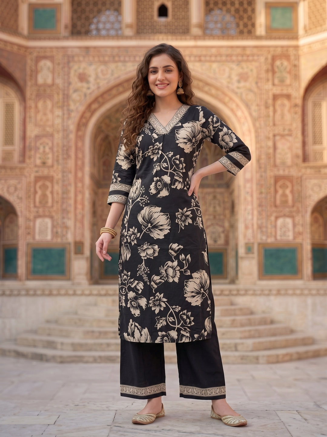 Black & White Floral Print Cotton Kurta Set with Palazzo & Dupatta