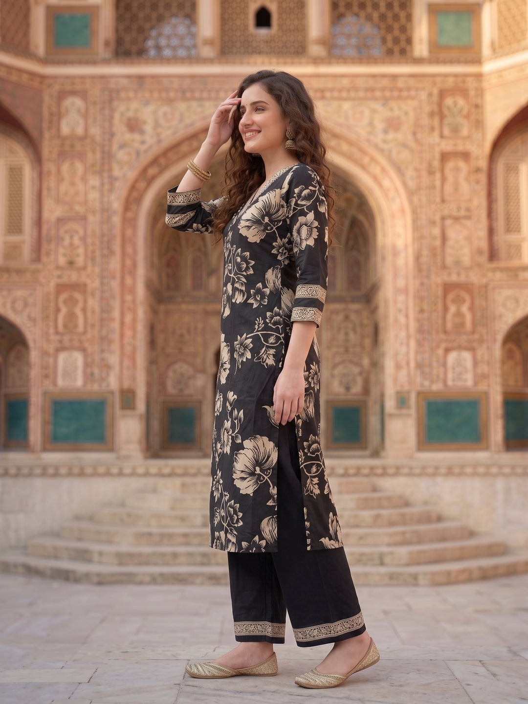 Black & White Floral Print Cotton Kurta Set with Palazzo & Dupatta