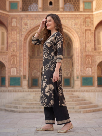 Black & White Floral Print Cotton Kurta Set with Palazzo & Dupatta