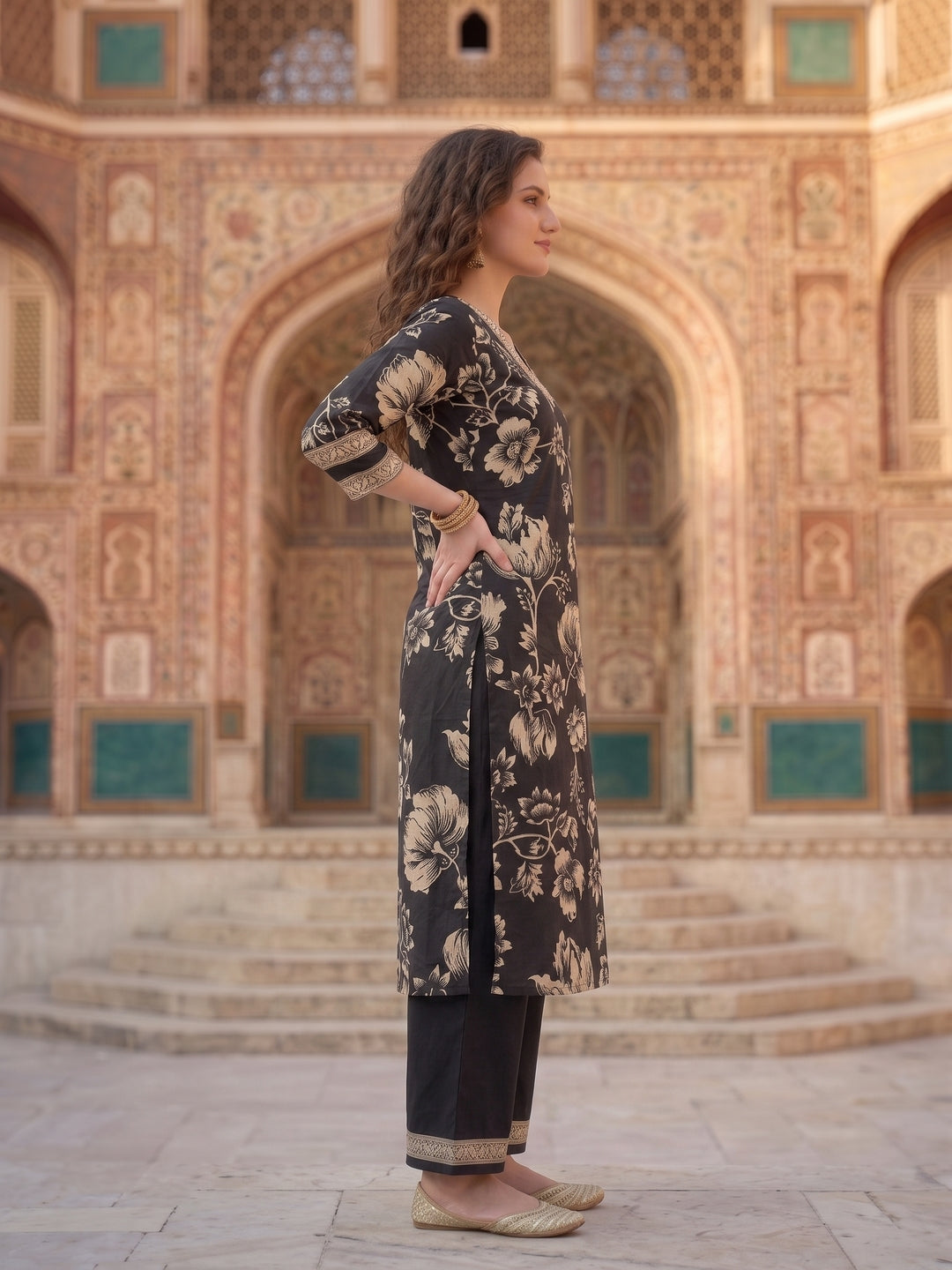 Black & White Floral Print Cotton Kurta Set with Palazzo & Dupatta