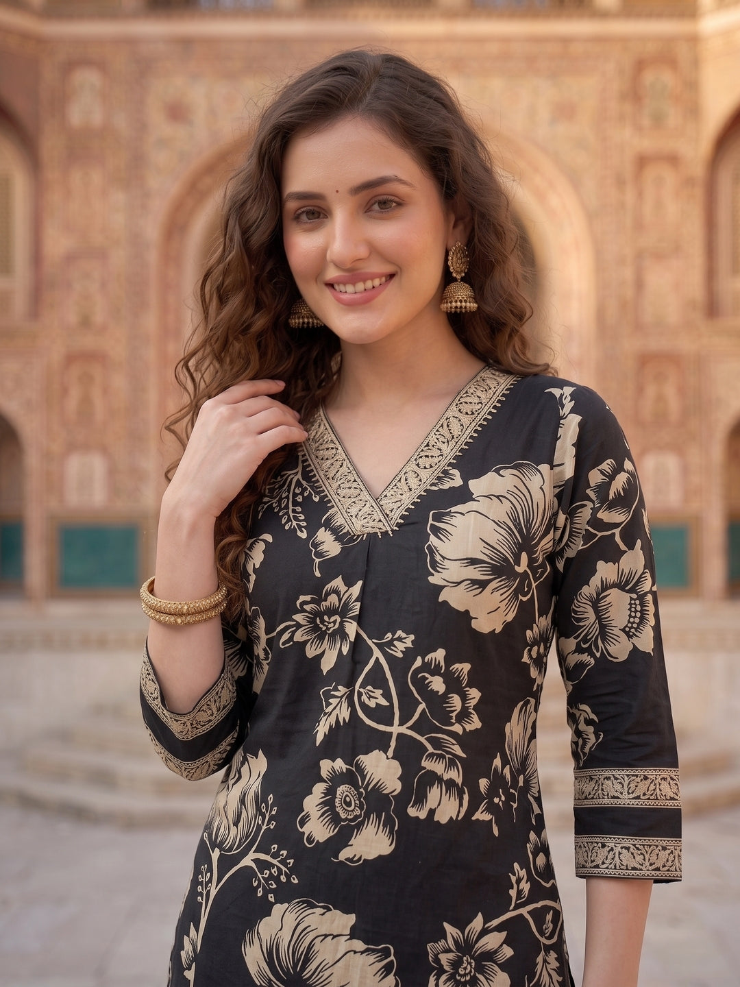 Black & White Floral Print Cotton Kurta Set with Palazzo & Dupatta