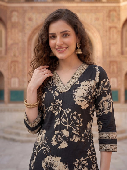 Black & White Floral Print Cotton Kurta Set with Palazzo & Dupatta
