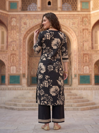 Black & White Floral Print Cotton Kurta Set with Palazzo & Dupatta