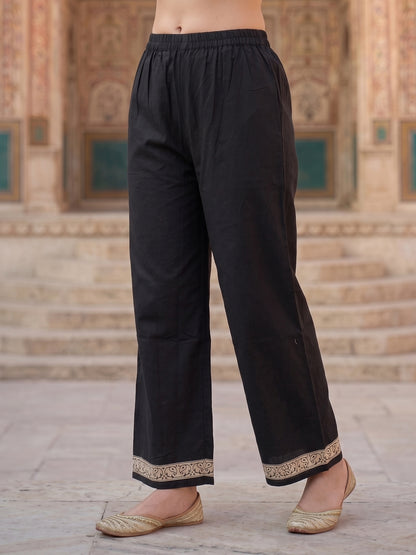 Black & White Floral Print Cotton Kurta Set with Palazzo & Dupatta
