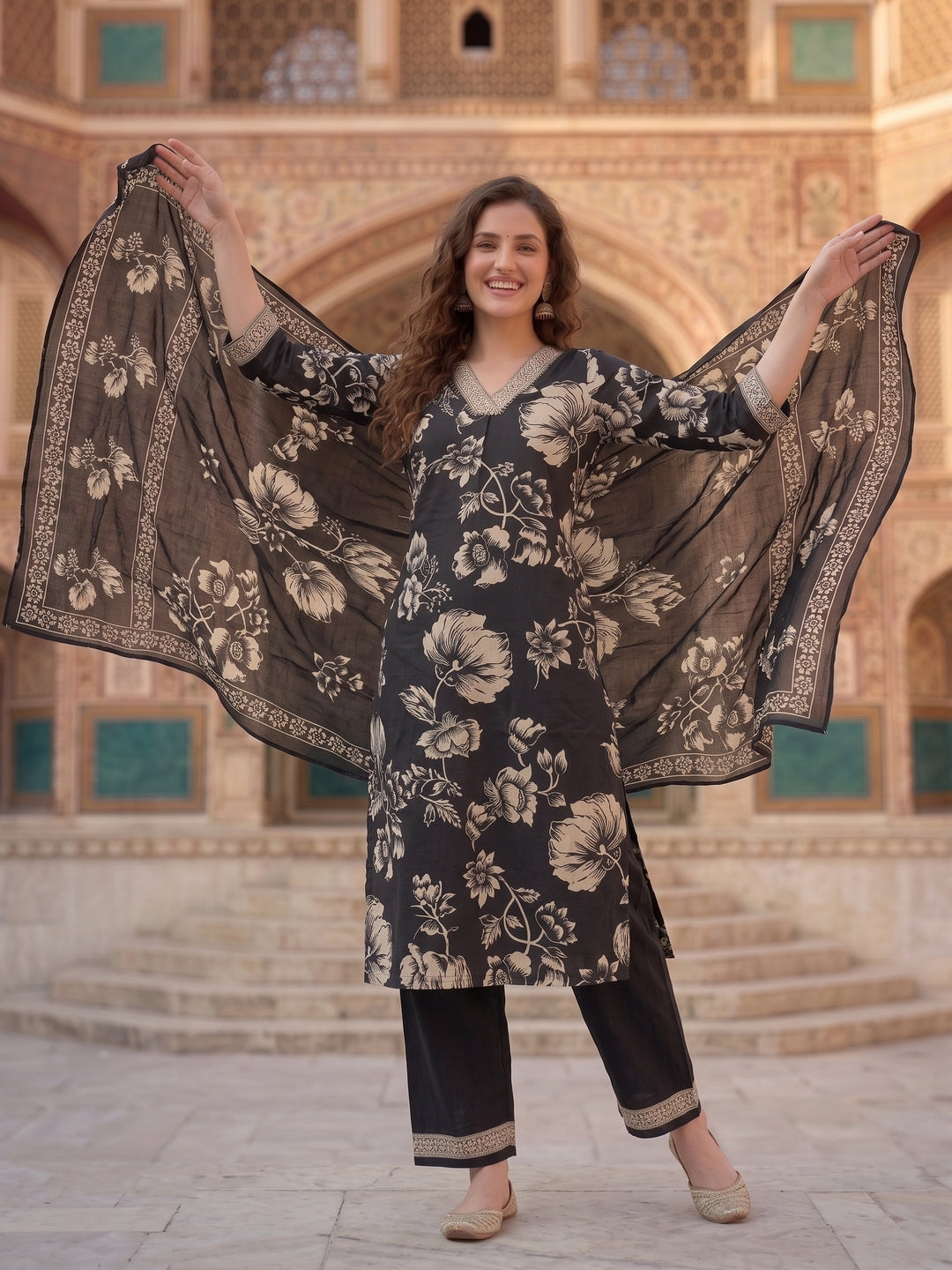 Black & White Floral Print Cotton Kurta Set with Palazzo & Dupatta