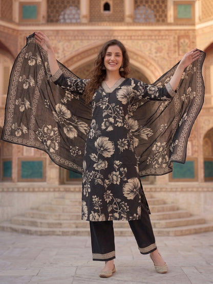 Black & White Floral Print Cotton Kurta Set with Palazzo & Dupatta