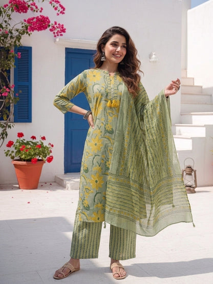 Floral Printed Straight Kurta with Palazzo & Dupatta - Green