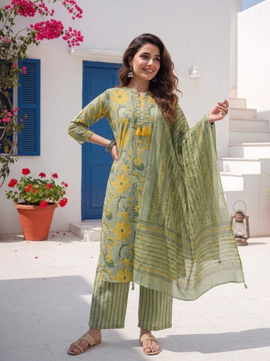 Floral Printed Straight Kurta with Palazzo & Dupatta - Green