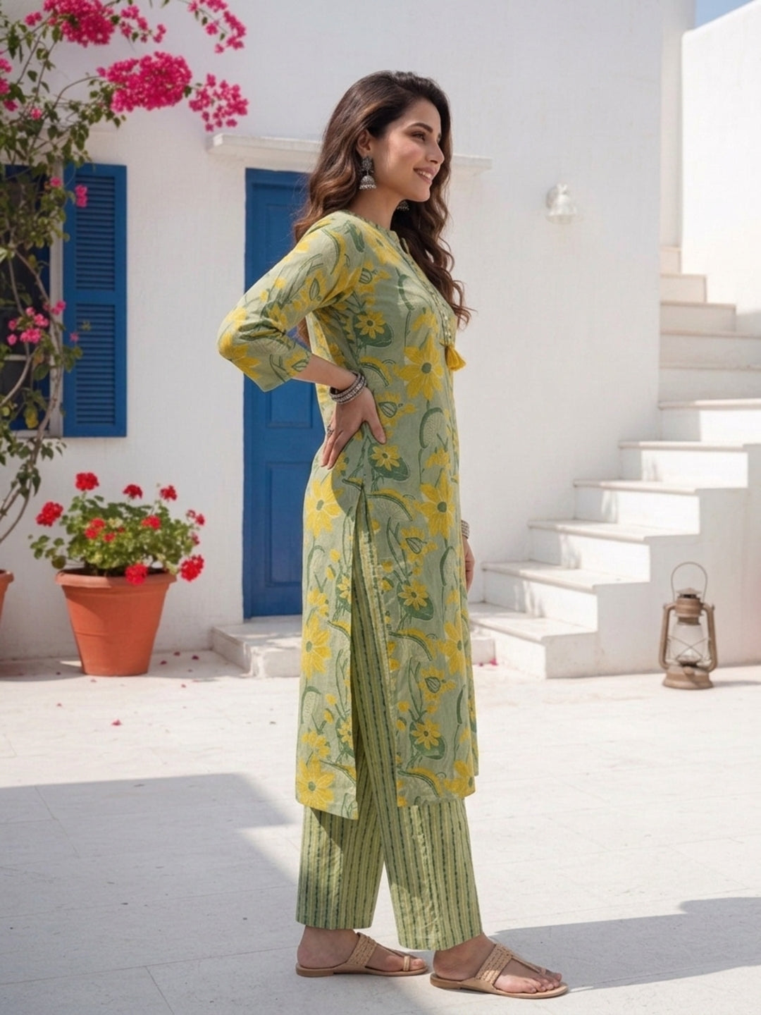 Floral Printed Straight Kurta with Palazzo & Dupatta - Green