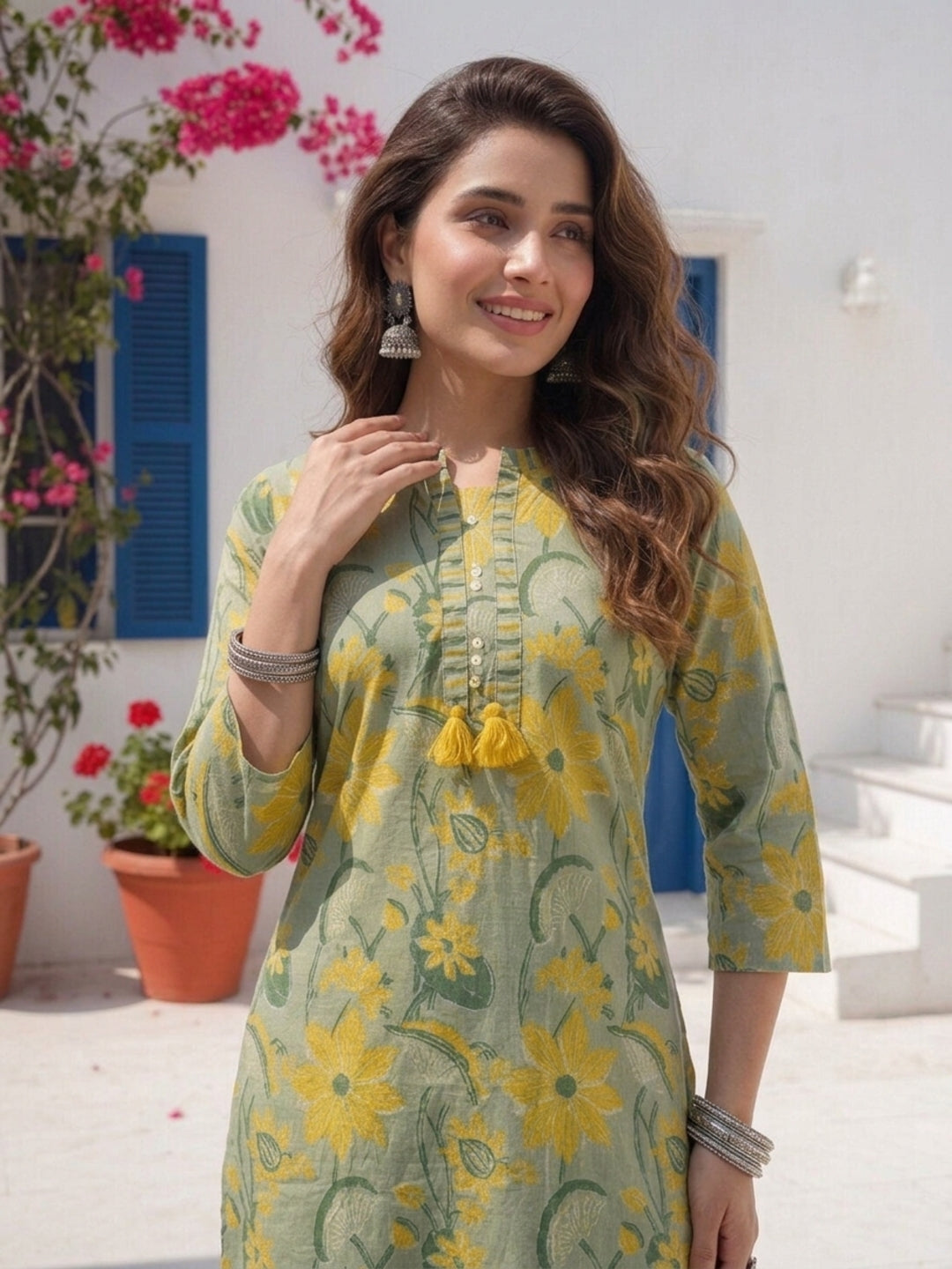 Floral Printed Straight Kurta with Palazzo & Dupatta - Green