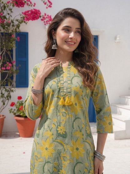 Floral Printed Straight Kurta with Palazzo & Dupatta - Green