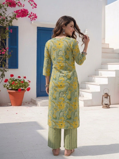 Floral Printed Straight Kurta with Palazzo & Dupatta - Green