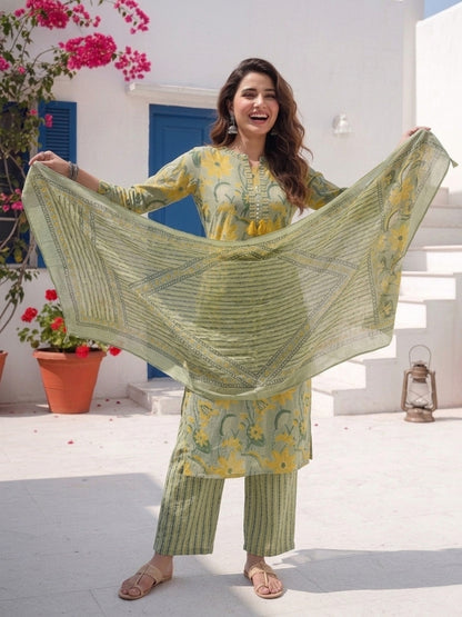 Floral Printed Straight Kurta with Palazzo & Dupatta - Green