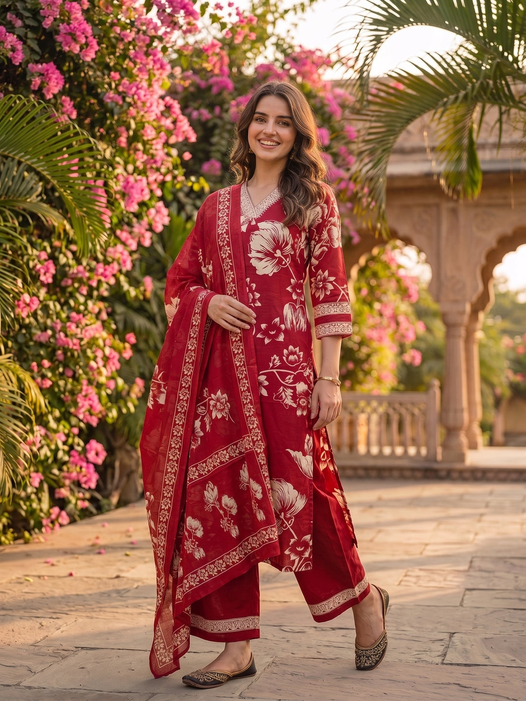 Maroon & White Floral Print Cotton Kurta Set with Palazzo & Dupatta