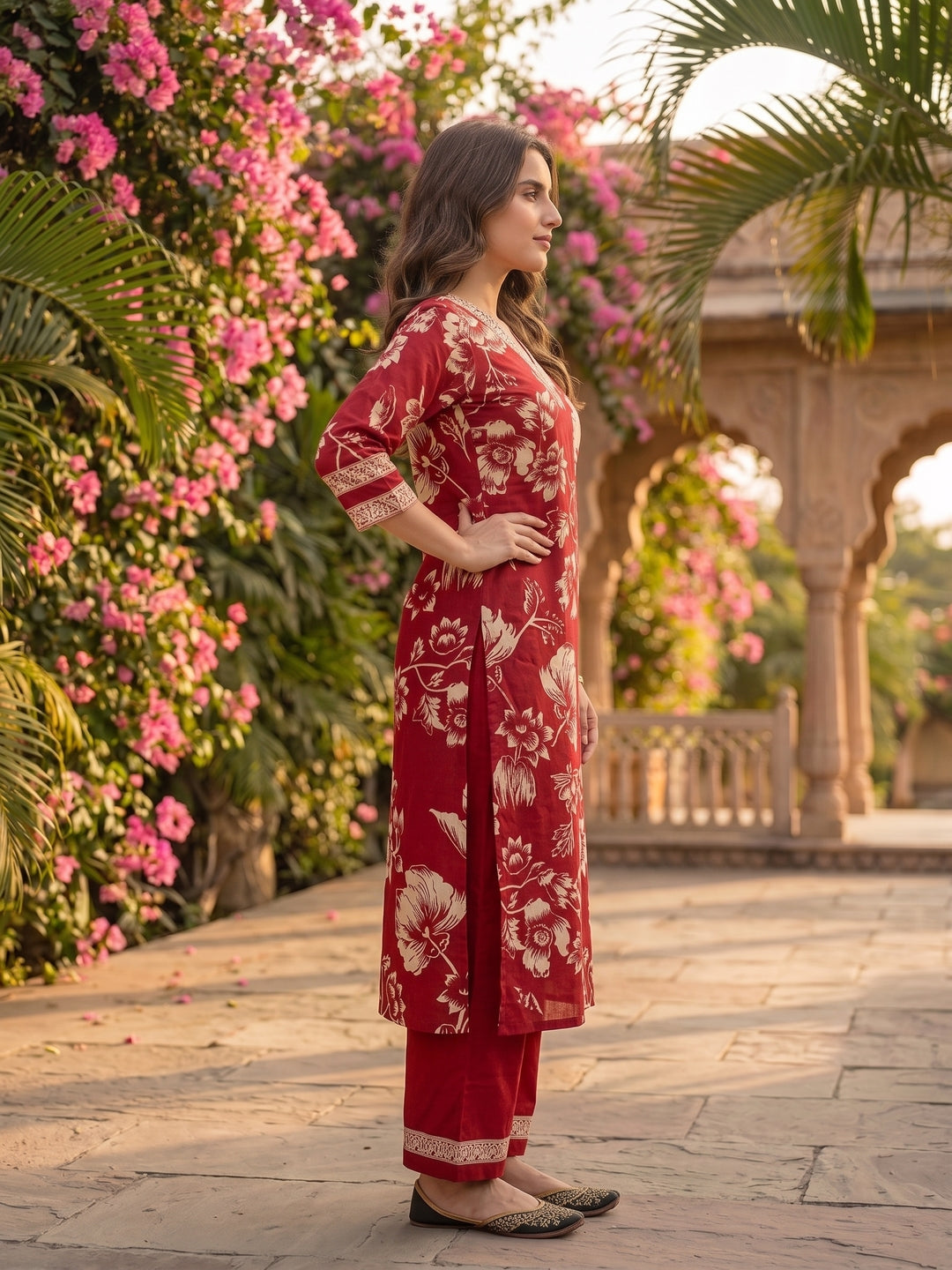 Maroon & White Floral Print Cotton Kurta Set with Palazzo & Dupatta